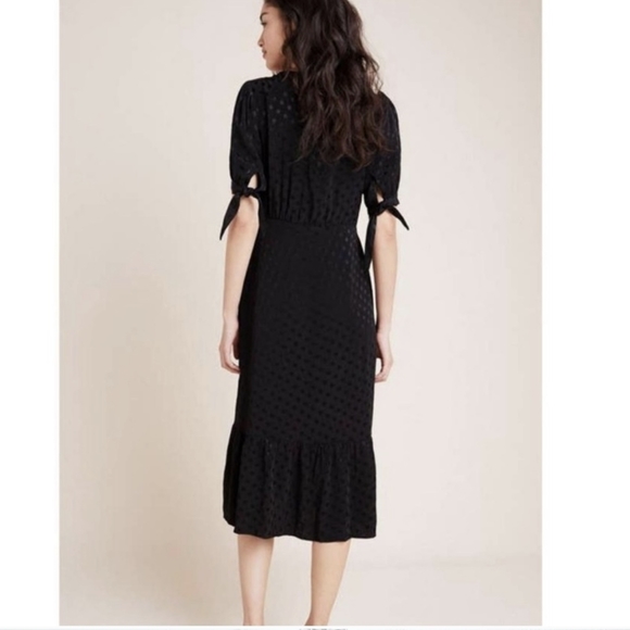 Maeve Anthropologie Button Up Black Eudora Midi Dress Satin Textured Polka Dots - Picture 2 of 6